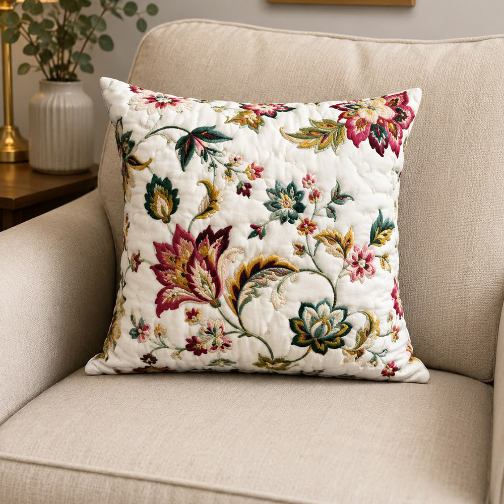 Flora Quilted Cushion Cover – Ivory | 16 × 16 Inches