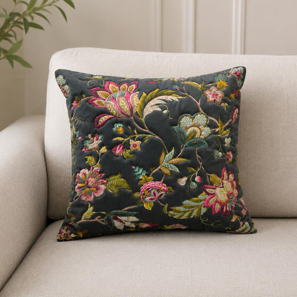 Flora Quilted Cushion Cover – Dark Grey | 16 × 16 Inches