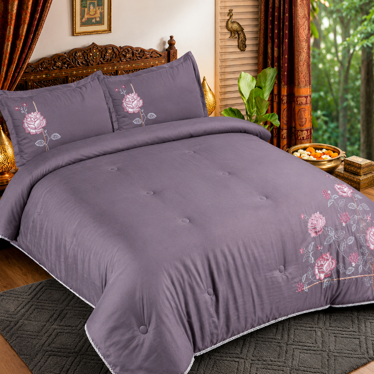 Mauve Bloom Smooth Cotton Fabric 4 Piece Bedding Set