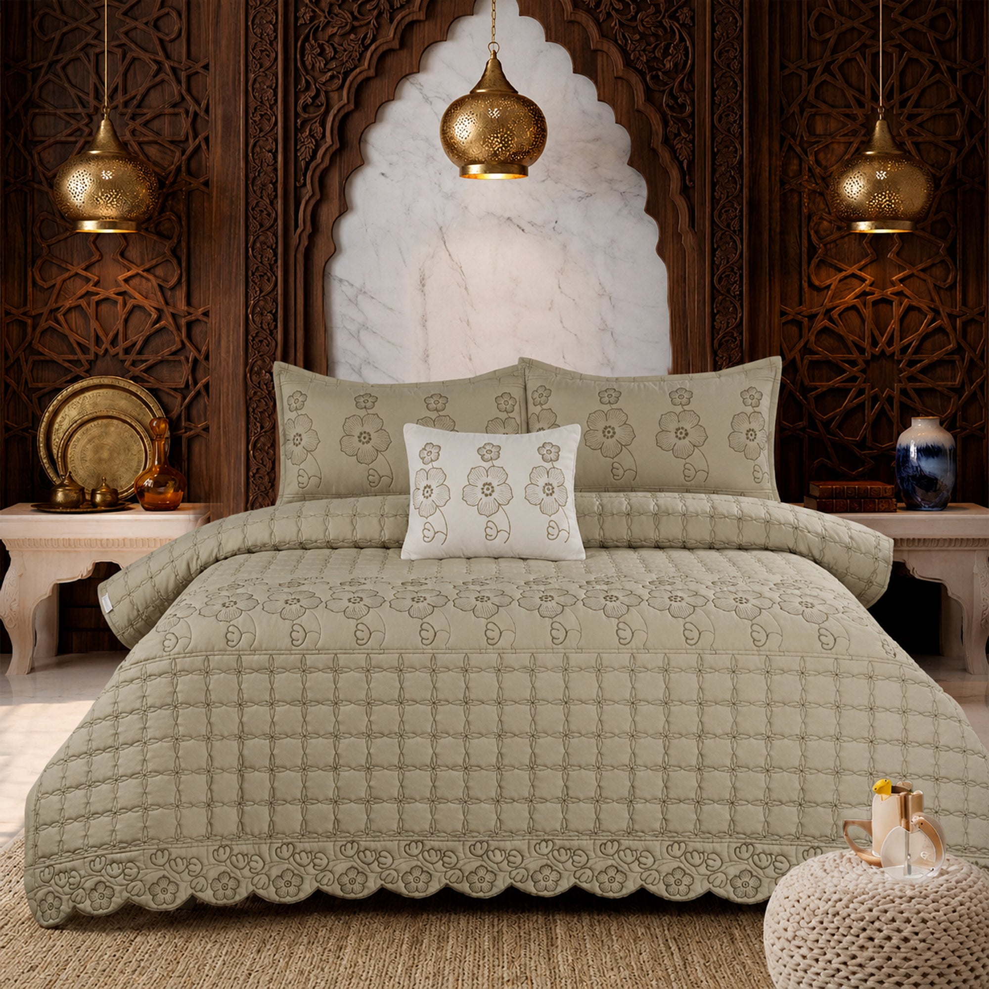 Rose Ivory Soft Cotton Fabric Bedding Set – 5 Pieces