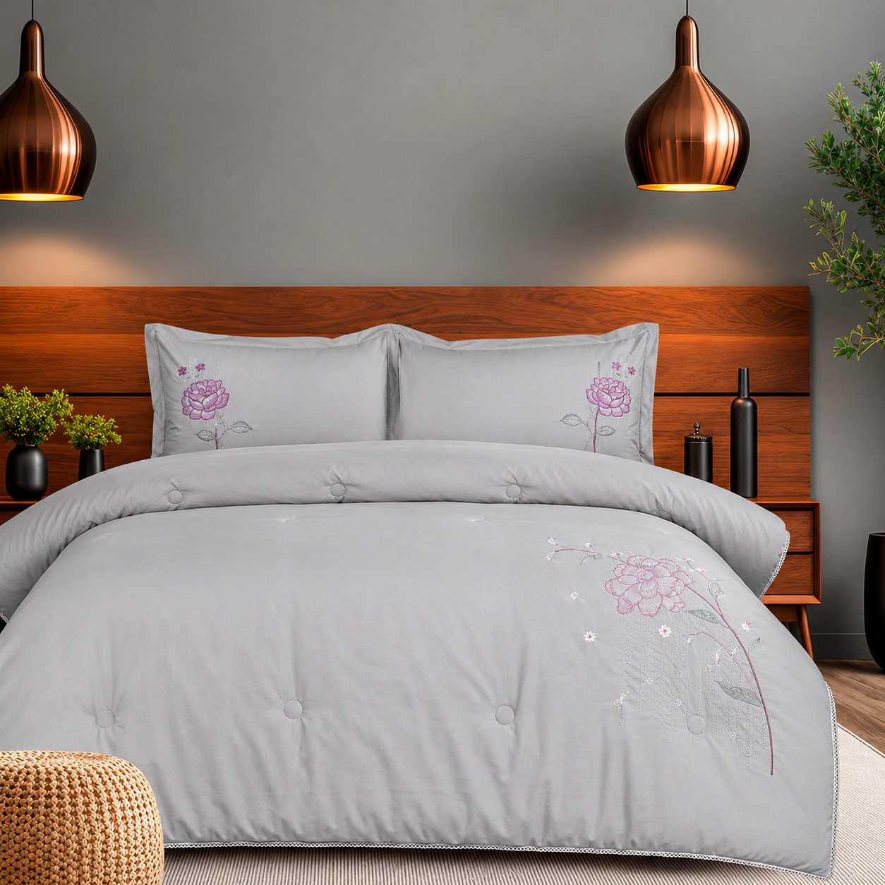 Silver Bloom Smooth Cotton Fabric 4 Piece Bedding Set
