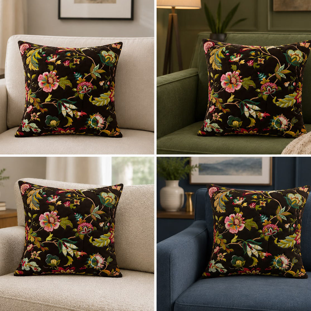 Mocha Flora Quilted Cushion Cover – Dark Coffee | 16 × 16 Inches