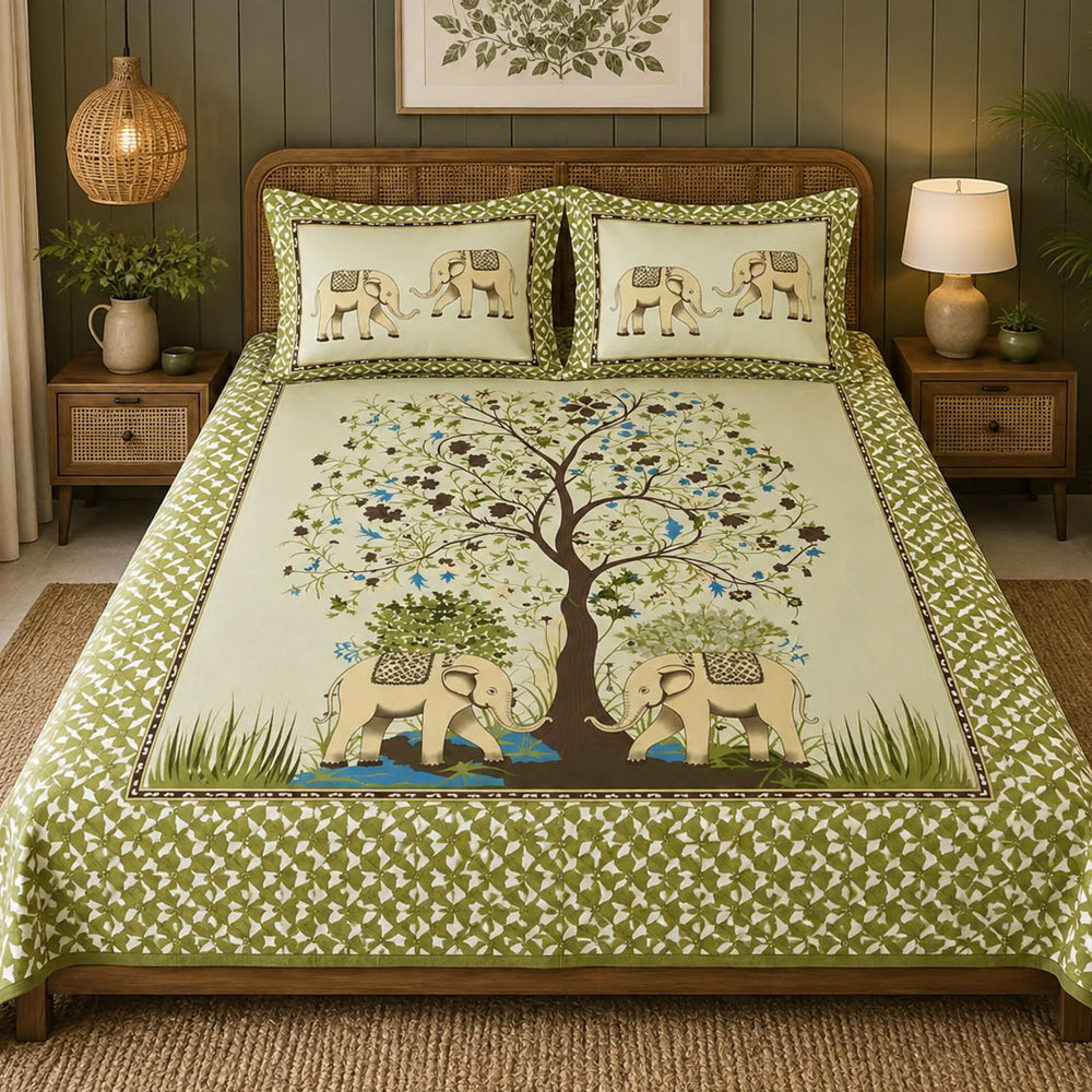 Hariyali Gajraj Heritage Printed Cotton Bedsheet