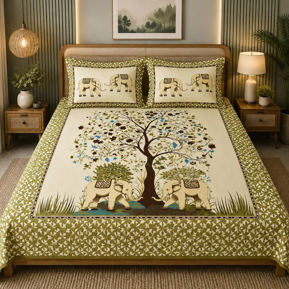 Hariyali Gajraj Heritage Printed Cotton Bedsheet