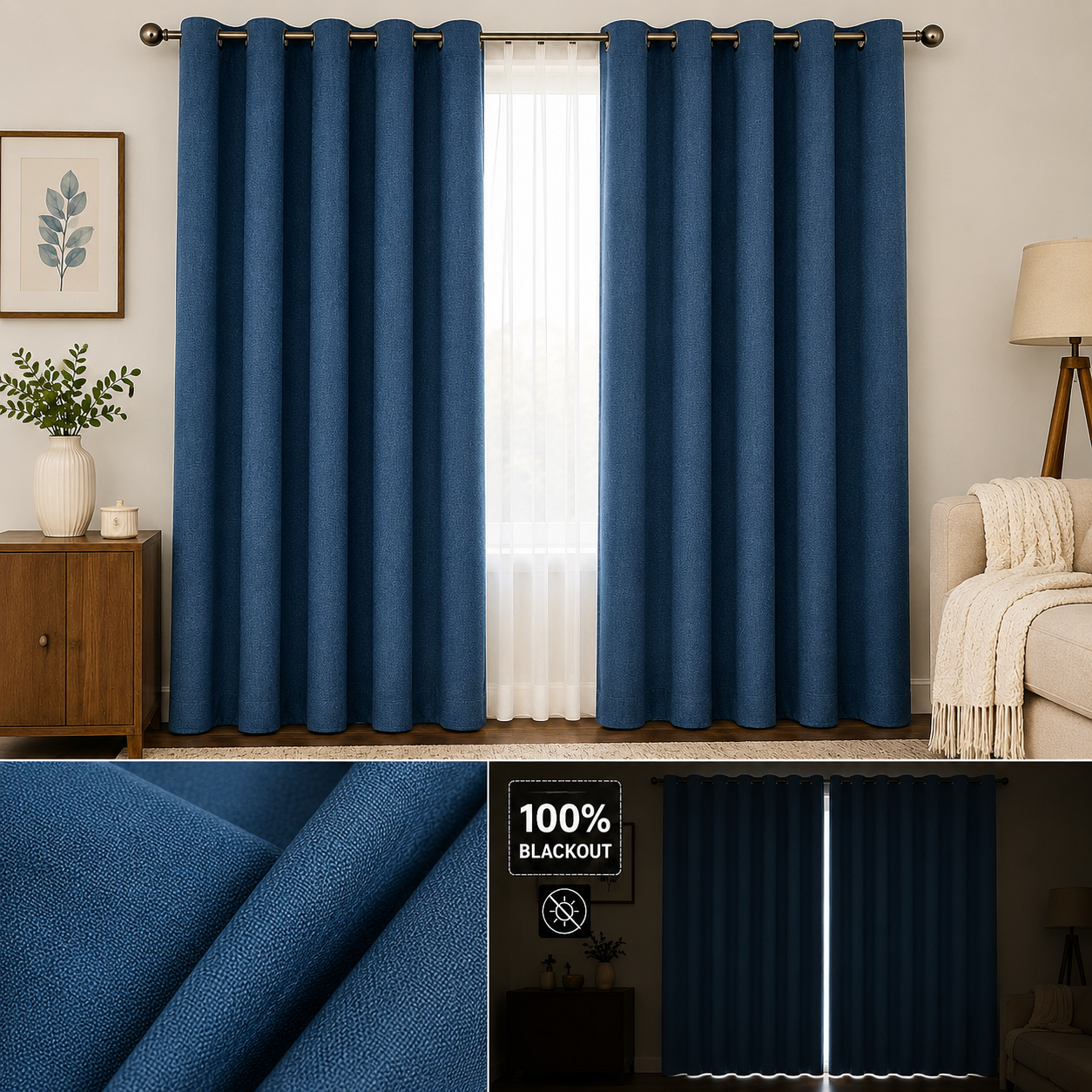 100% Blackout Curtains Jute Finish Stuff - Blue