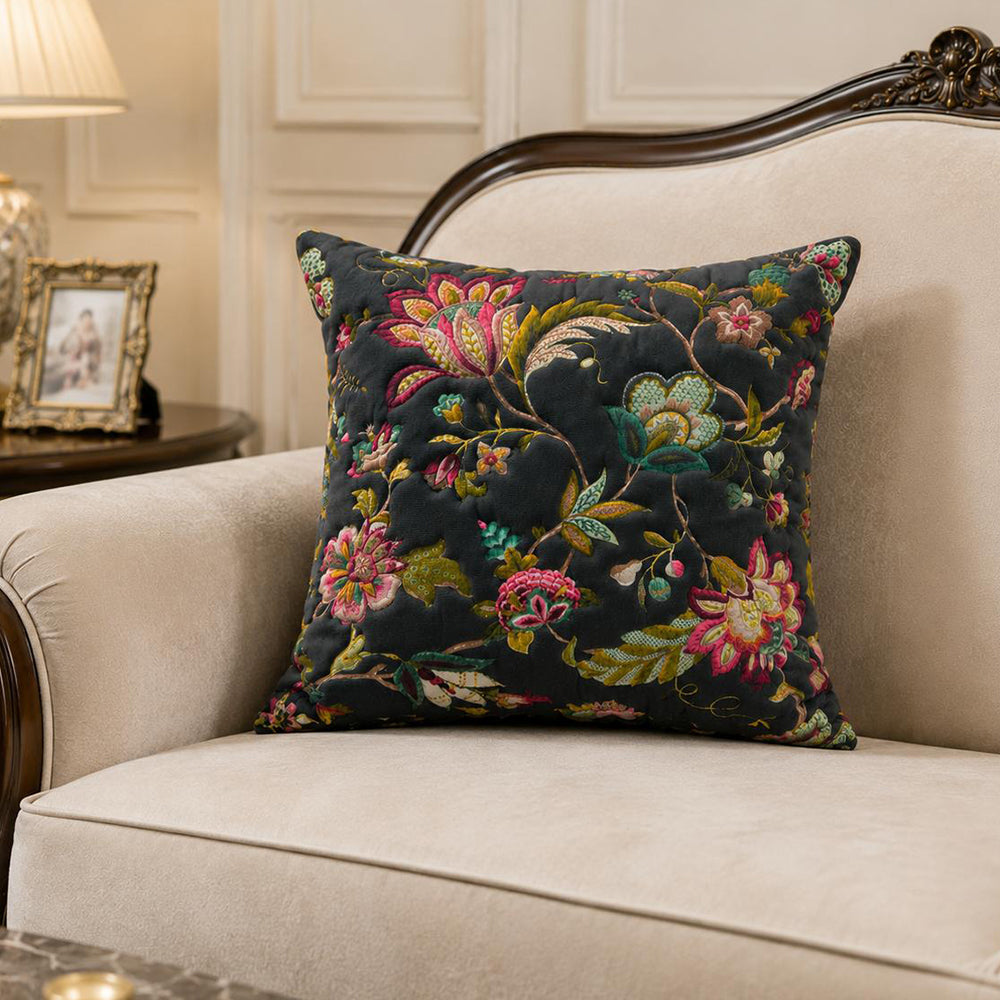 Flora Quilted Cushion Cover – Dark Grey | 16 × 16 Inches