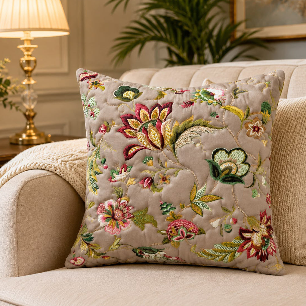 Flora Quilted Cushion Cover – Light Grey Beige | 16 × 16 Inches