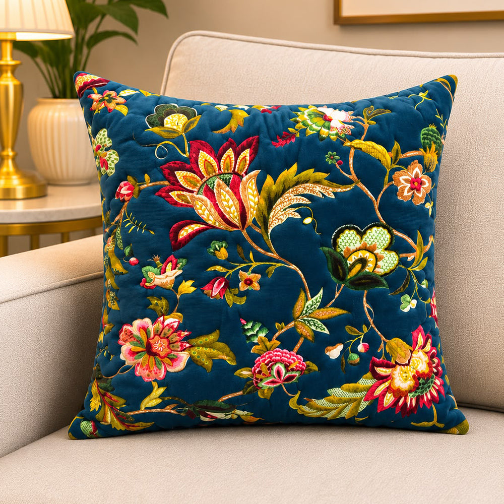 Royal Flora Quilted Cushion Cover 16 × 16 Inches – Blue