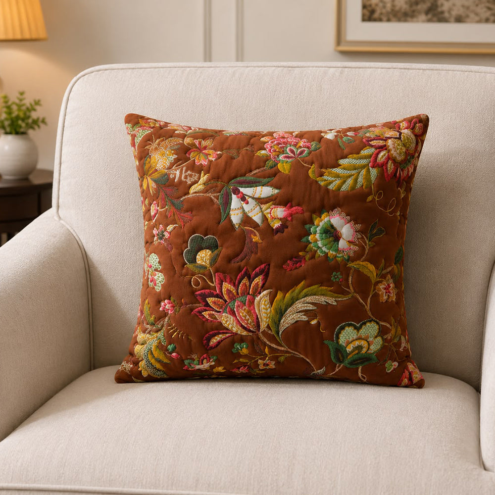 Mocha Flora Quilted Cushion Cover – Coffee Brown | 16 × 16 Inches