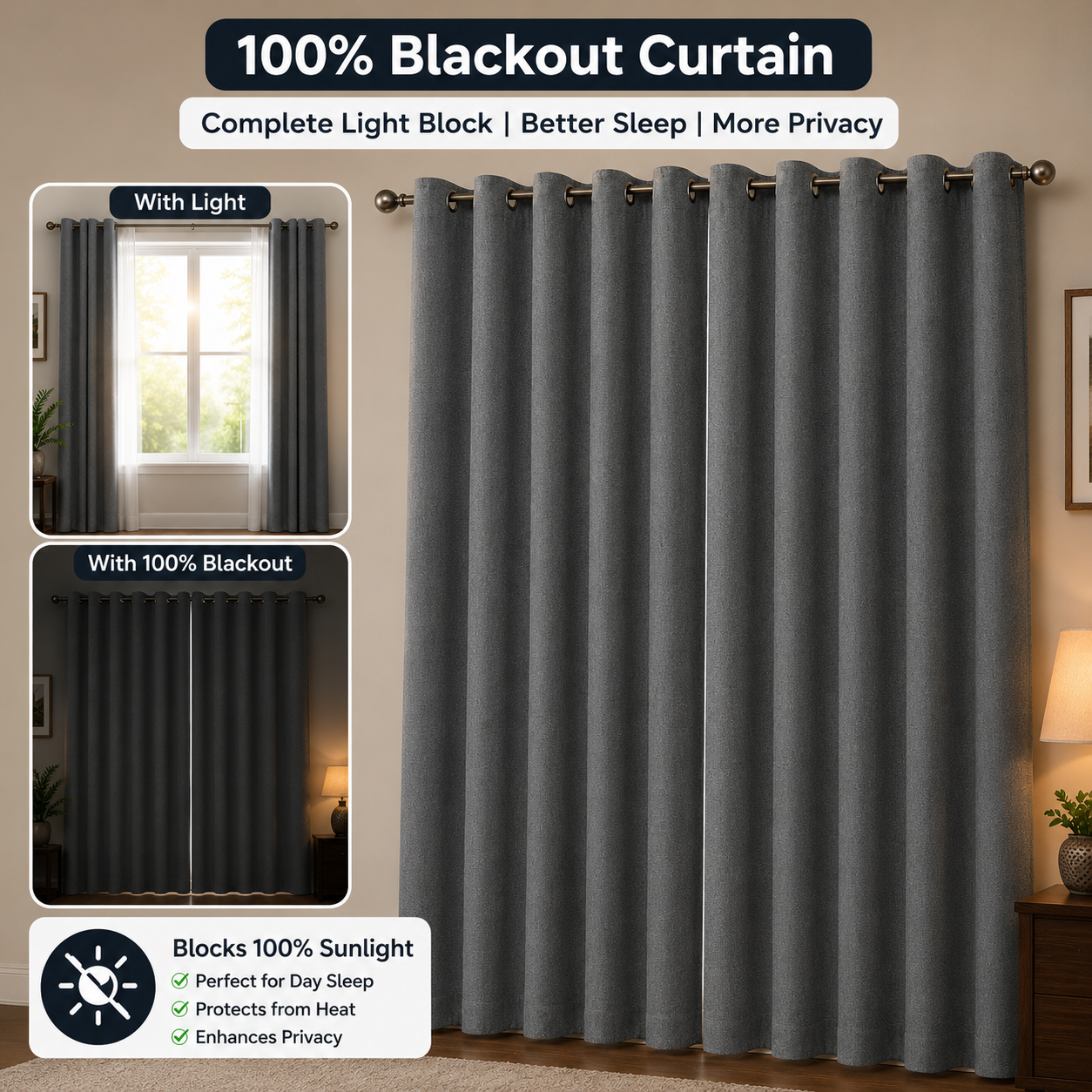 100% Blackout Curtains Jute Finish Stuff - Grey
