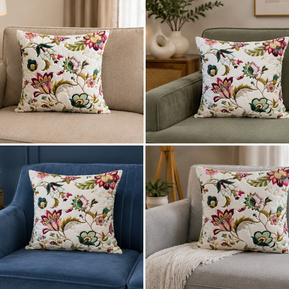 Flora Quilted Cushion Cover – Ivory | 16 × 16 Inches