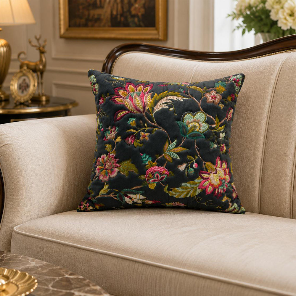 Flora Quilted Cushion Cover – Dark Grey | 16 × 16 Inches