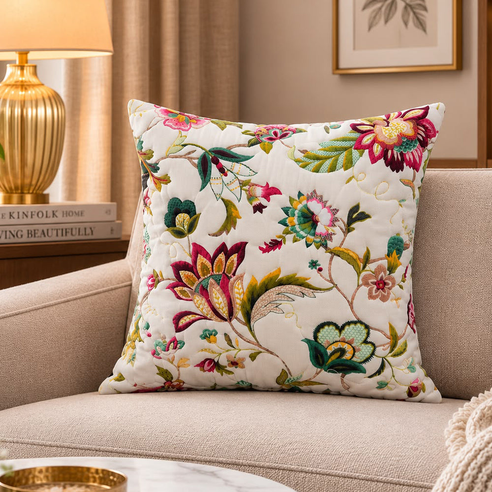 Flora Quilted Cushion Cover – Ivory | 16 × 16 Inches