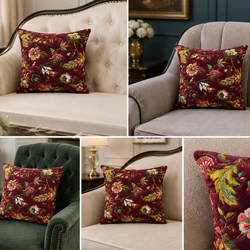 Flora Quilted Cushion Cover – Maroon | 16 × 16 Inches