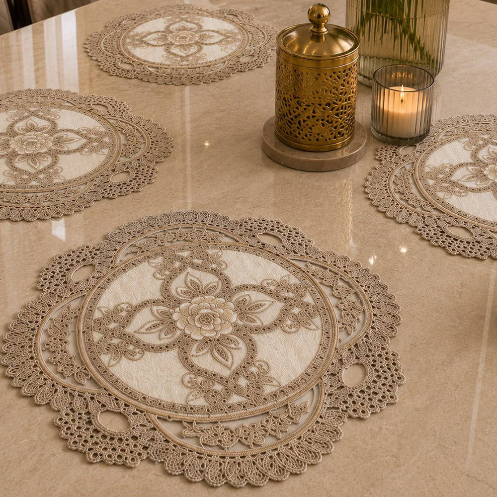 Victorian Rose Embroidered Table Mat – Set of 6 (40 × 40 CM)