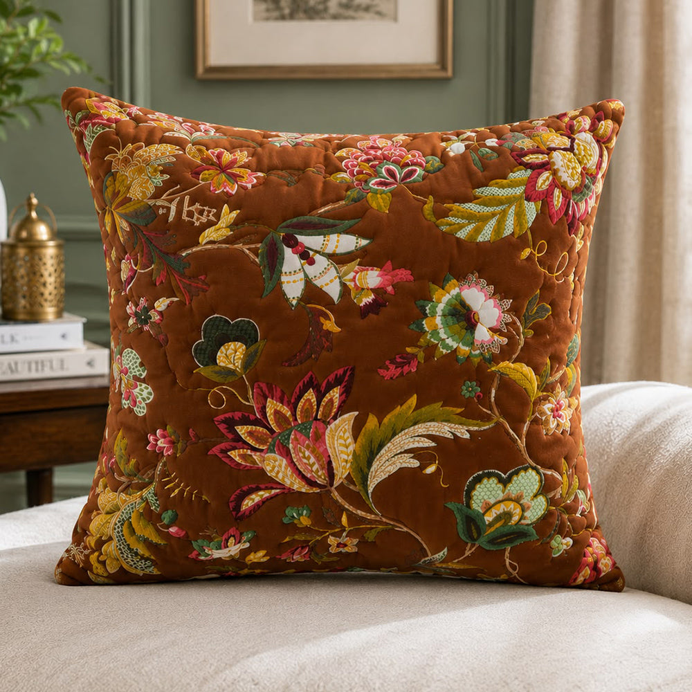Mocha Flora Quilted Cushion Cover – Coffee Brown | 16 × 16 Inches