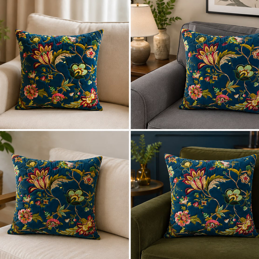 Royal Flora Quilted Cushion Cover 16 × 16 Inches – Blue