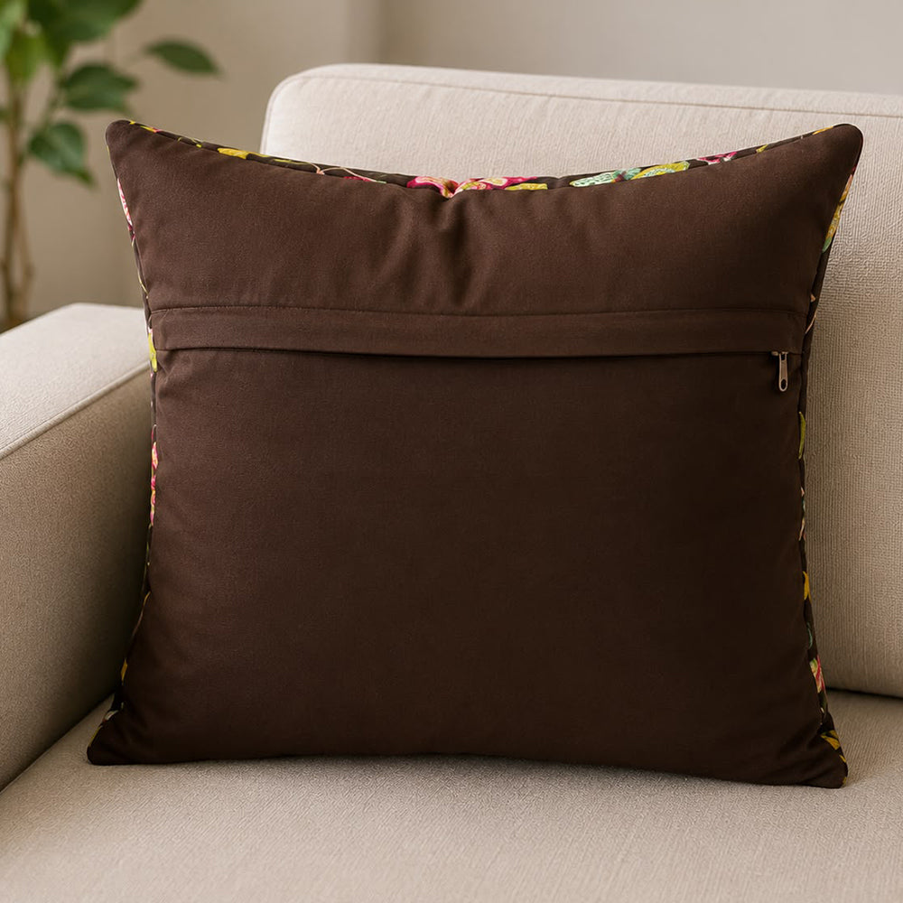 Mocha Flora Quilted Cushion Cover – Dark Coffee | 16 × 16 Inches