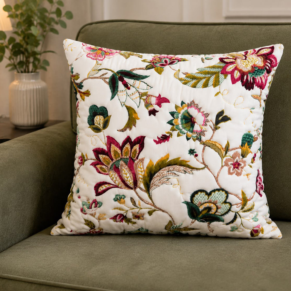 Flora Quilted Cushion Cover – Ivory | 16 × 16 Inches