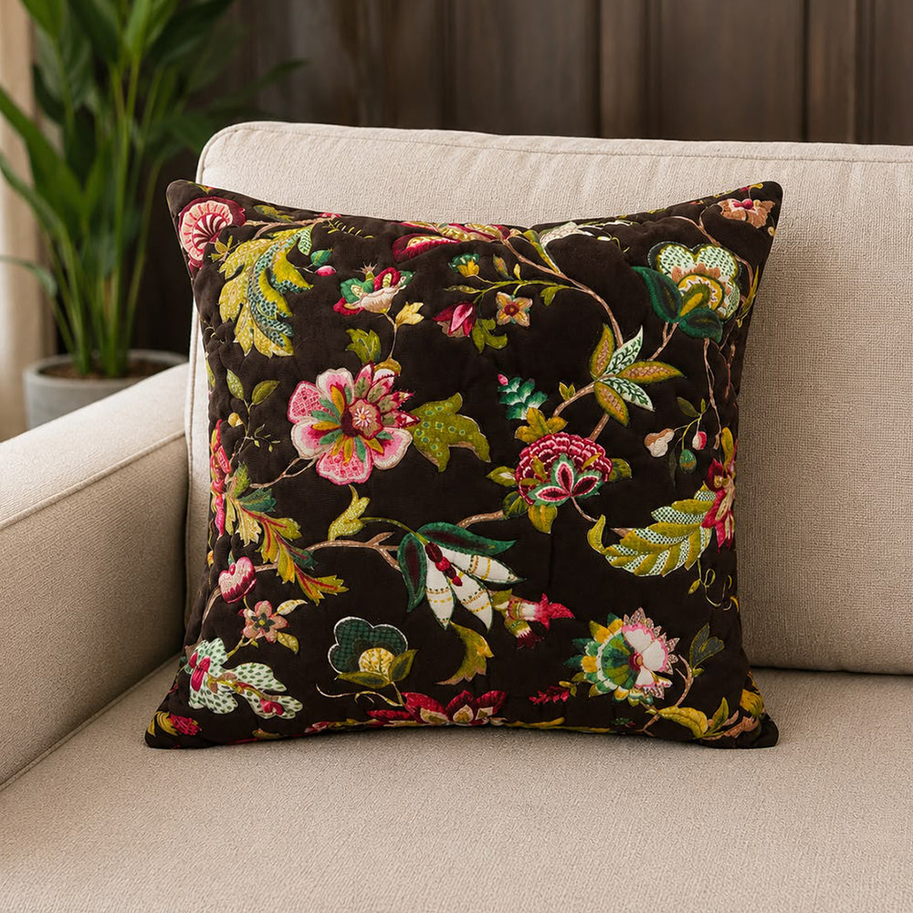 Mocha Flora Quilted Cushion Cover – Dark Coffee | 16 × 16 Inches