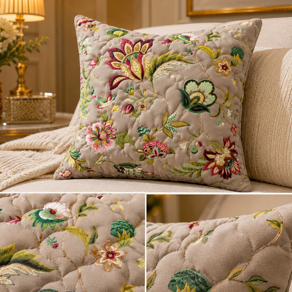 Flora Quilted Cushion Cover – Light Grey Beige | 16 × 16 Inches