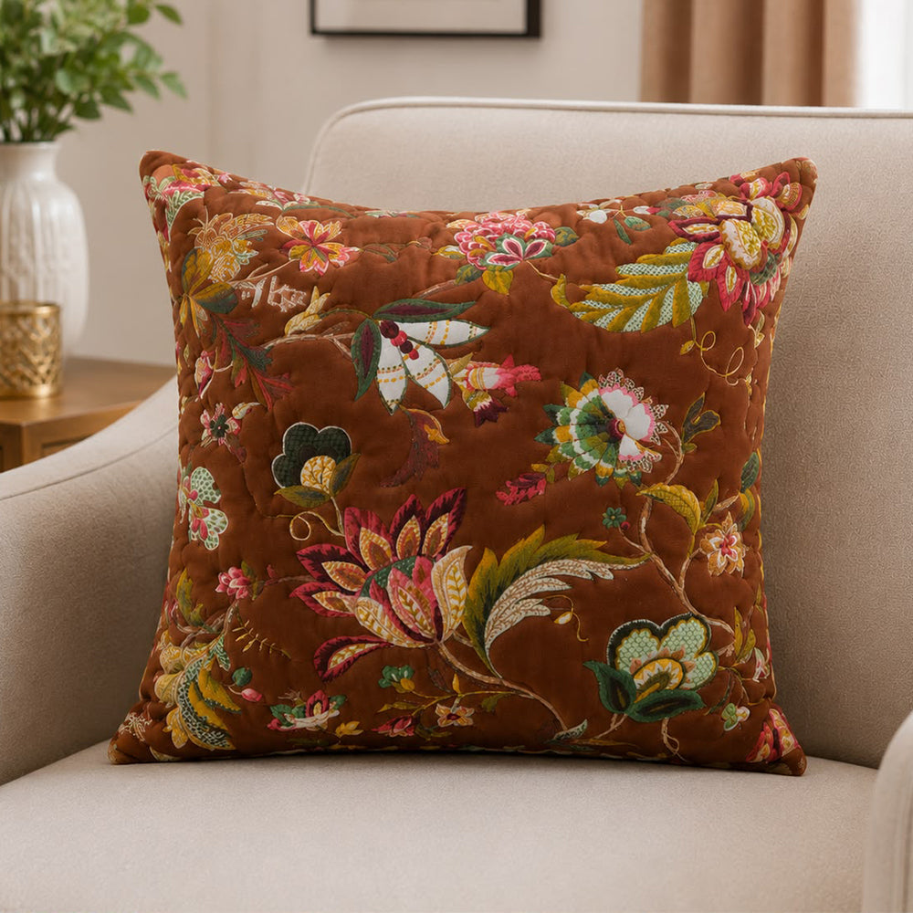 Mocha Flora Quilted Cushion Cover – Coffee Brown | 16 × 16 Inches