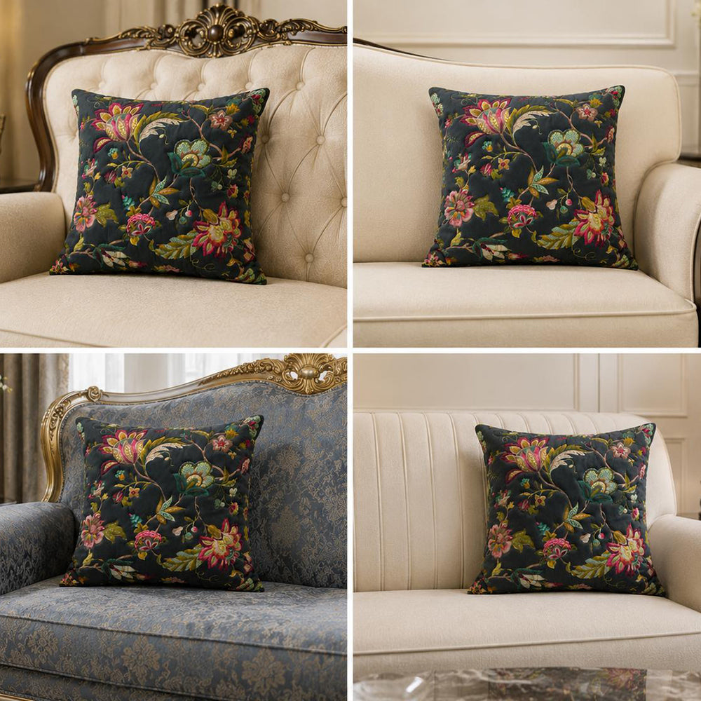 Flora Quilted Cushion Cover – Dark Grey | 16 × 16 Inches