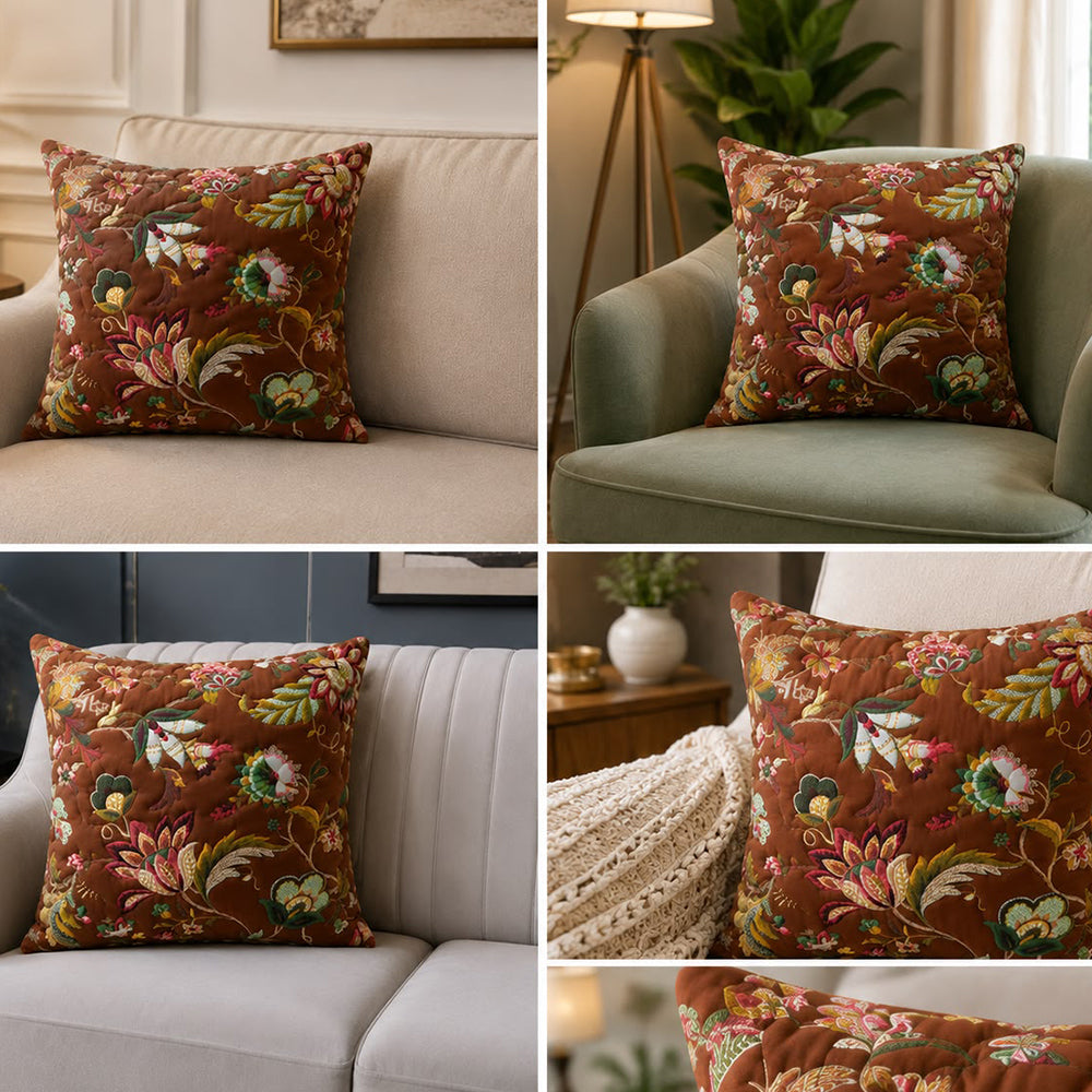 Mocha Flora Quilted Cushion Cover – Coffee Brown | 16 × 16 Inches