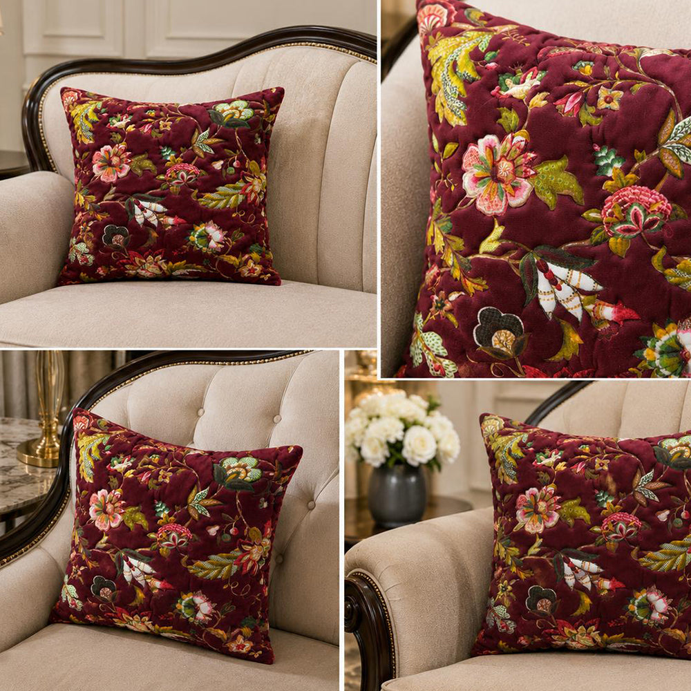 Flora Quilted Cushion Cover – Maroon | 16 × 16 Inches