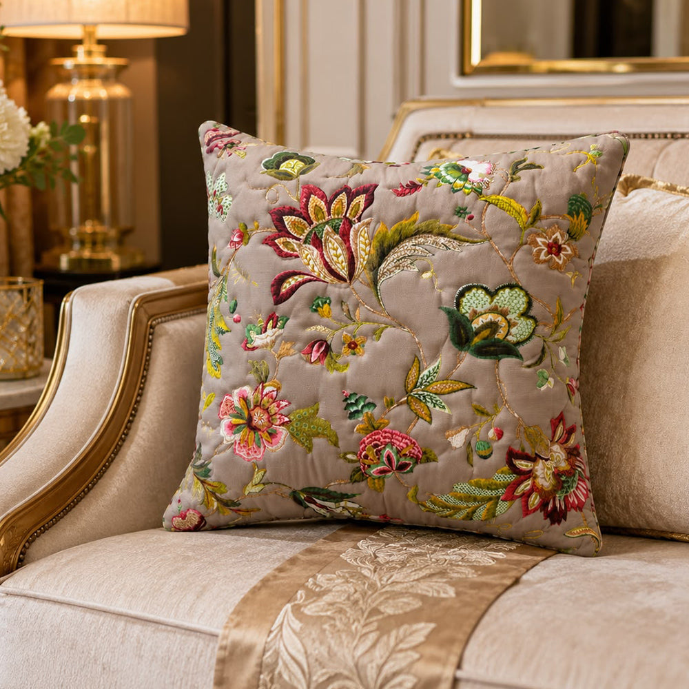 Flora Quilted Cushion Cover – Light Grey Beige | 16 × 16 Inches