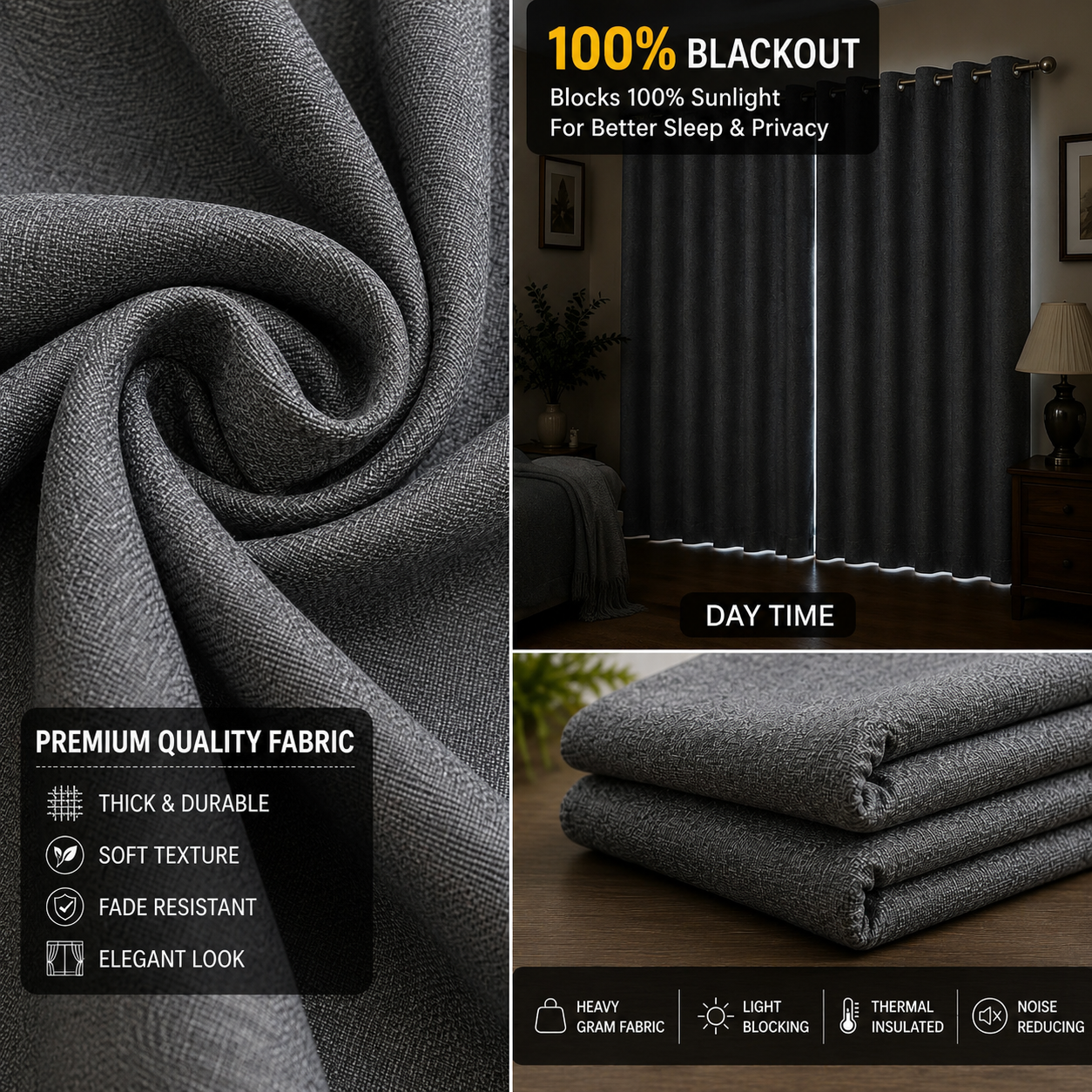 100% Blackout Curtains Jute Finish Stuff - Grey