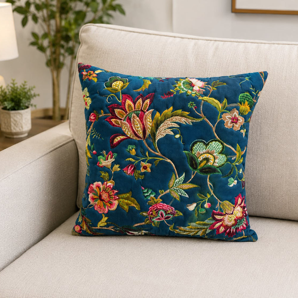 Royal Flora Quilted Cushion Cover 16 × 16 Inches – Blue