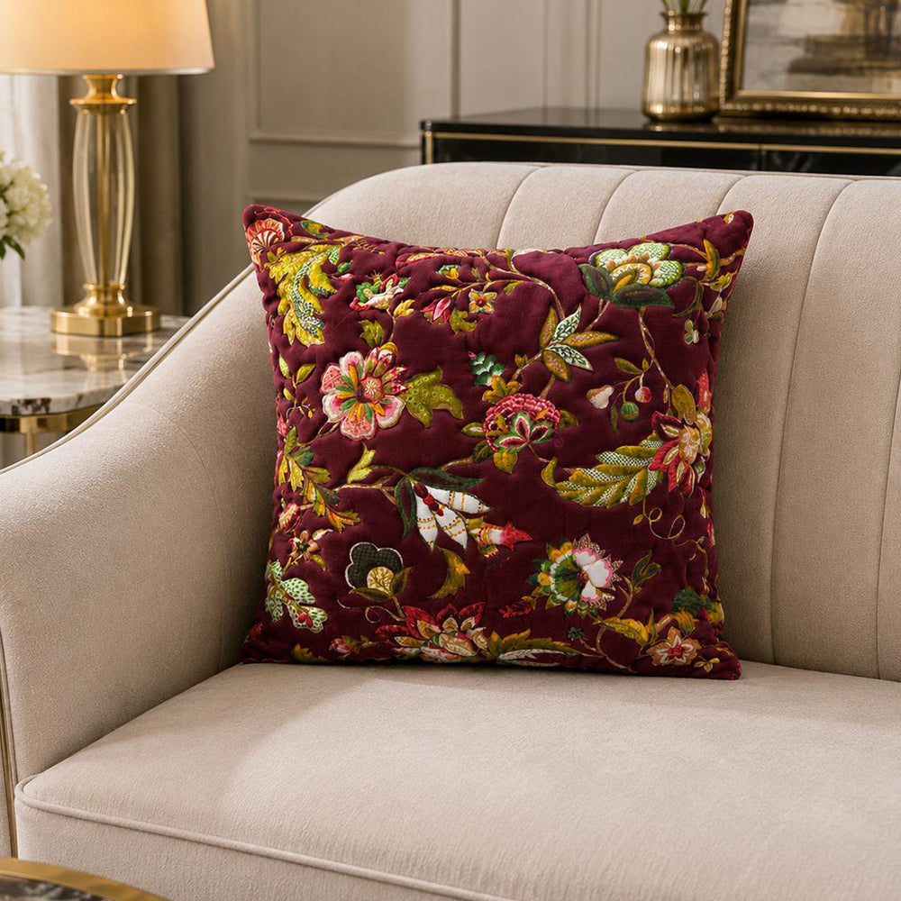 Flora Quilted Cushion Cover – Maroon | 16 × 16 Inches