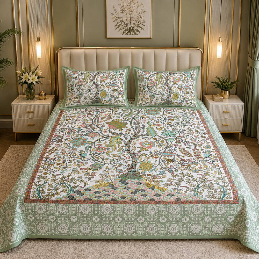Gulbahar Mint Heritage Floral Printed Cotton Bedsheet