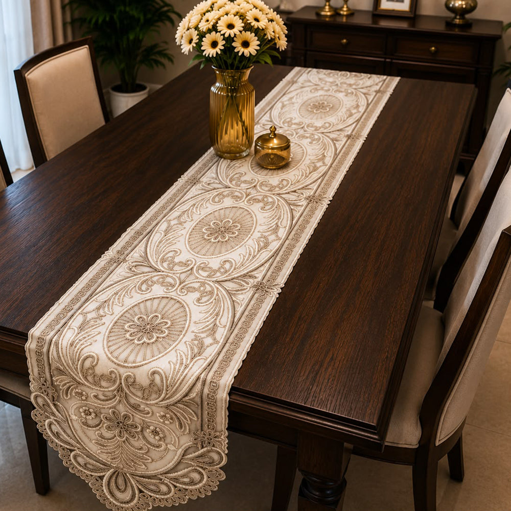 Regal Scroll Embroidered Table Runner – 16 × 72 Inches