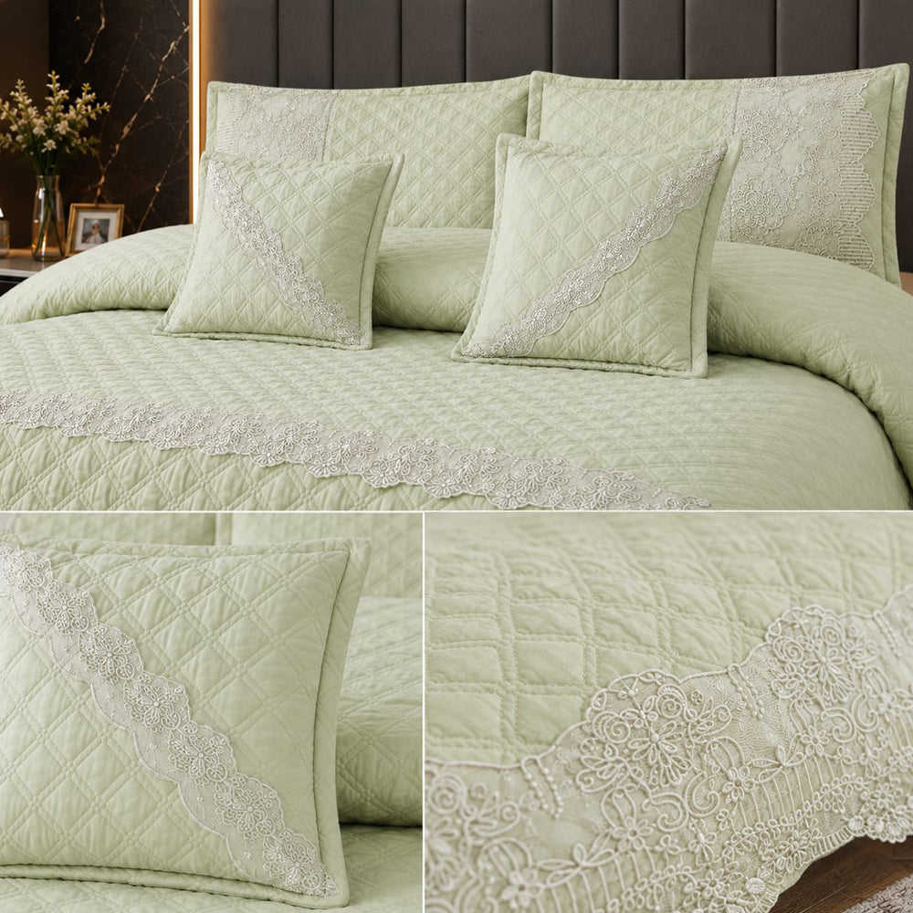 Pista Green Designer Lace 5 Piece Bed Cover Set with Cushion Covers