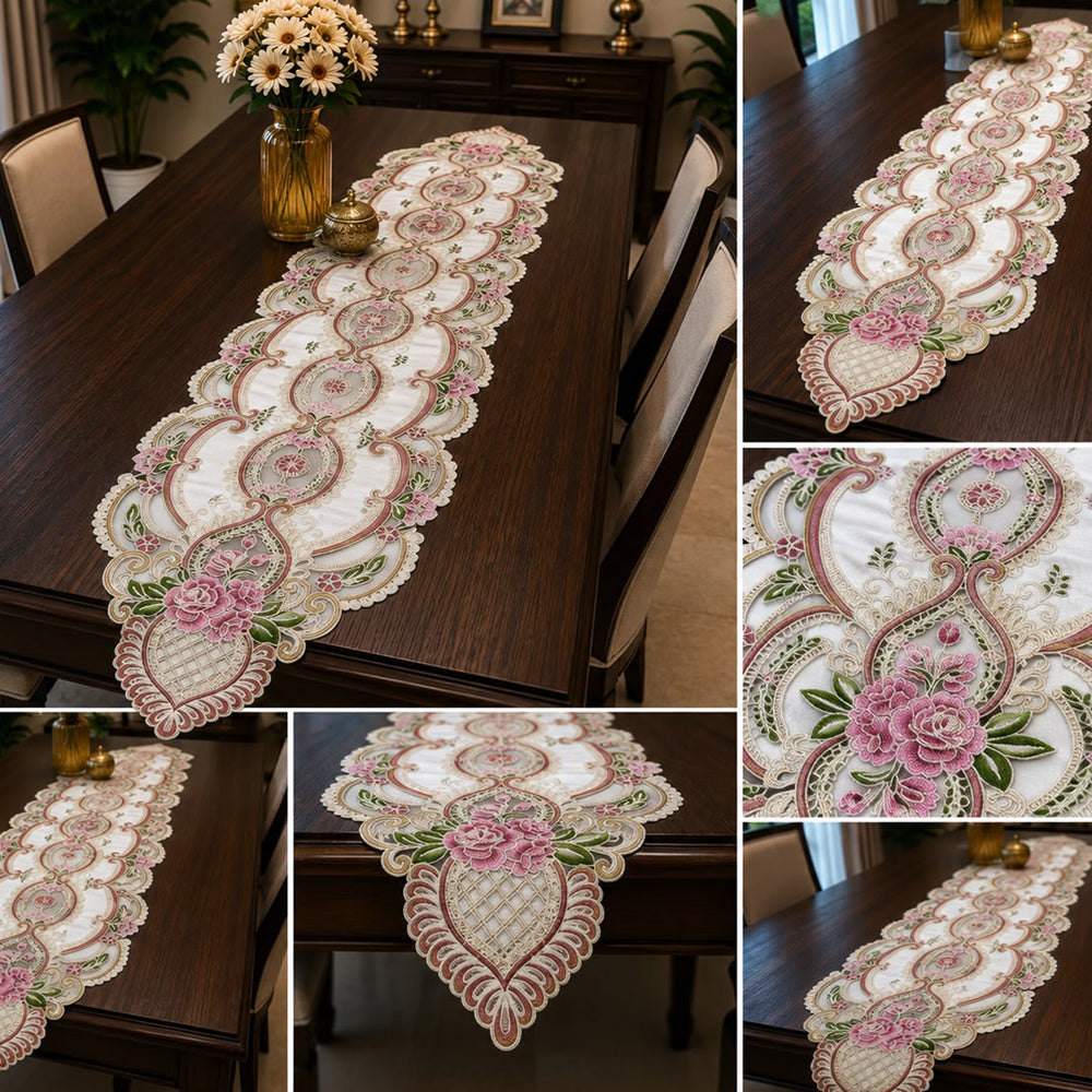 Blush Royale Embroidered Table Runner – 16 × 72 Inches