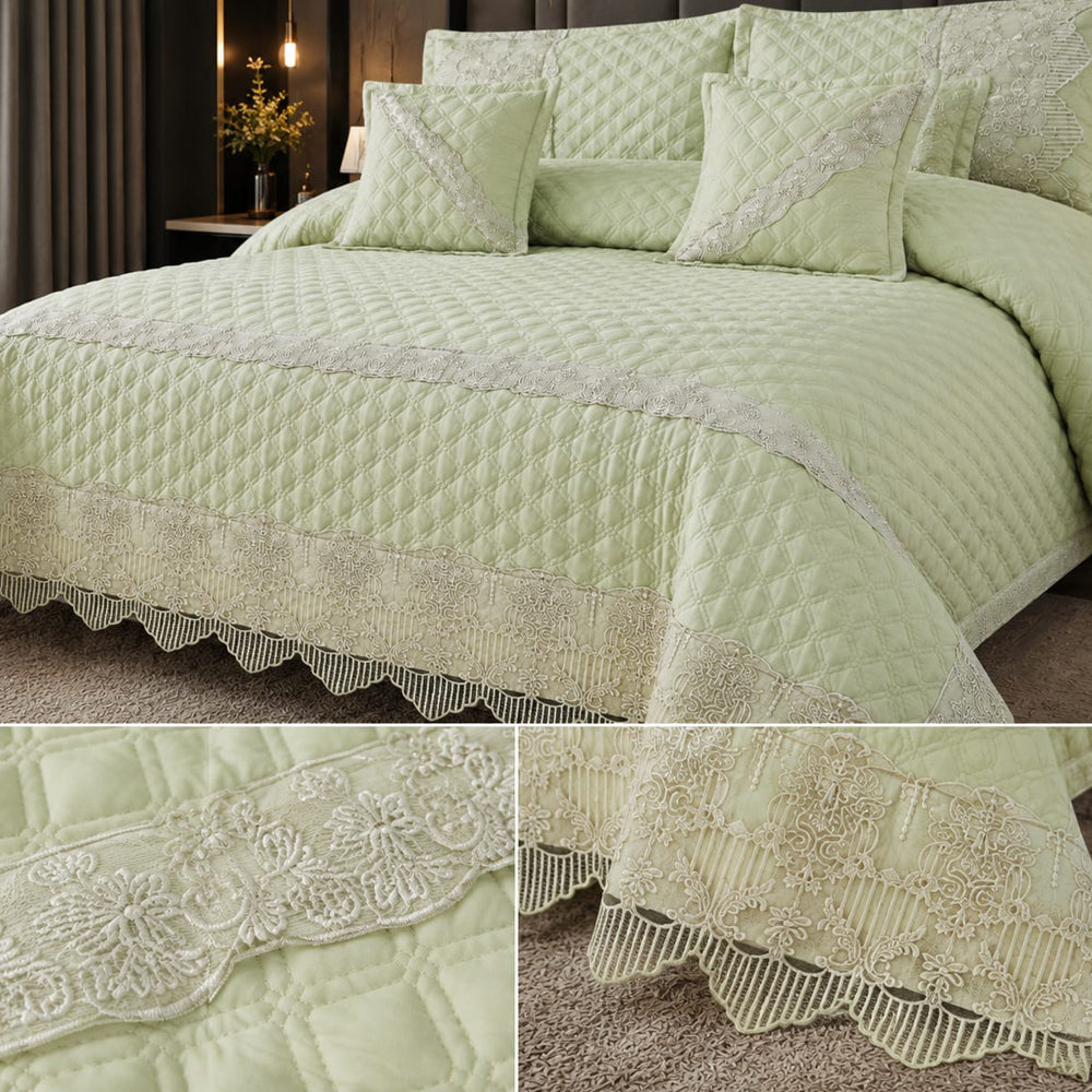 Pista Green Designer Lace 5 Piece Bed Cover Set with Cushion Covers