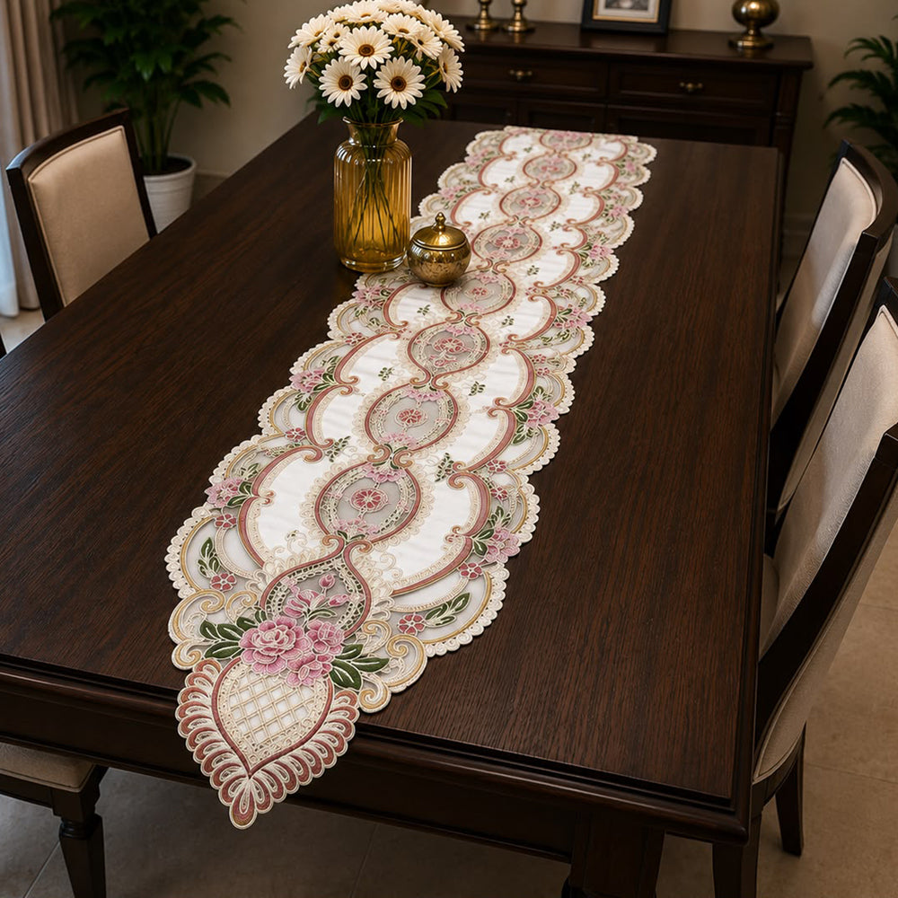 Blush Royale Embroidered Table Runner – 16 × 72 Inches