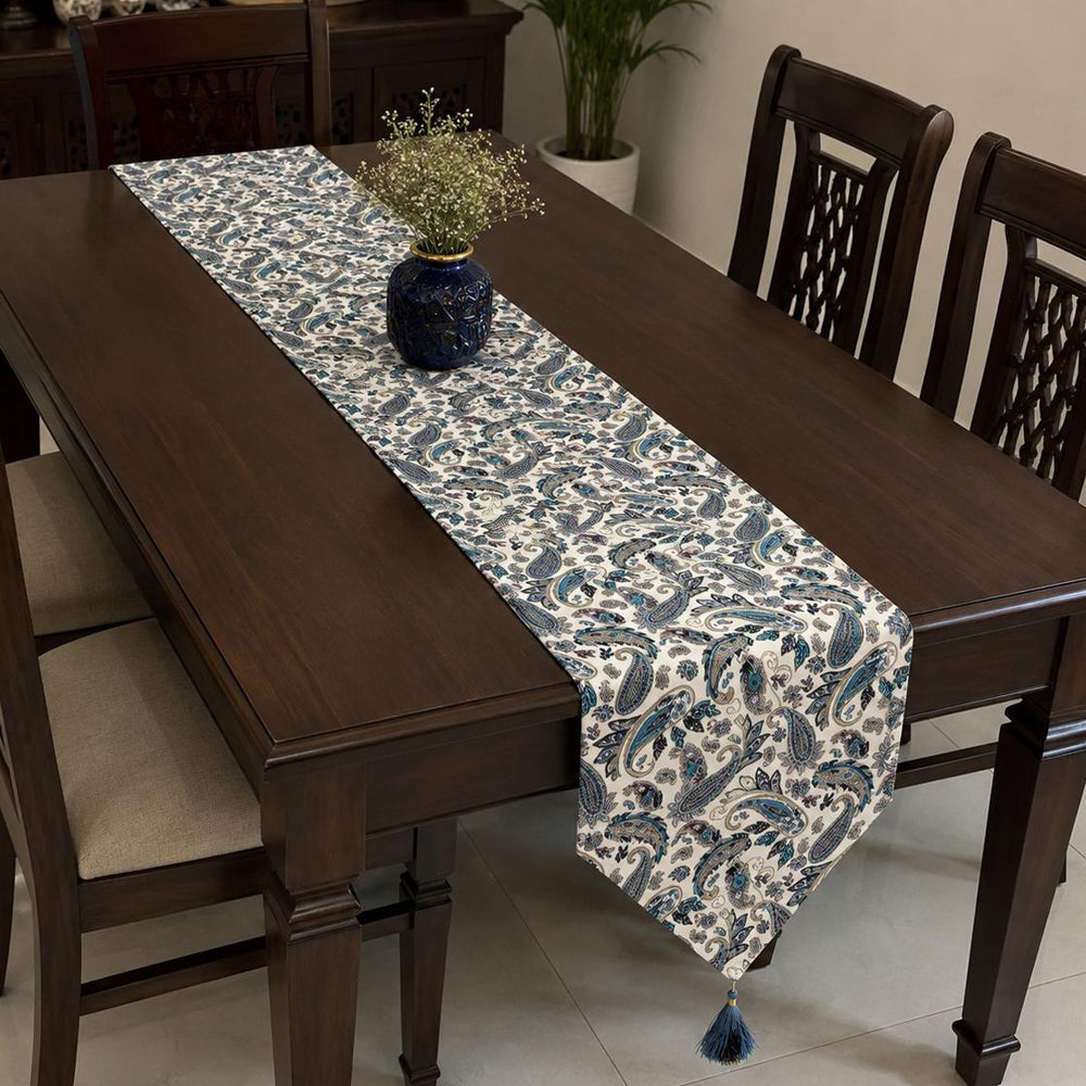 Ivory Blue Paisley Elegance Premium Table Runner – 16 × 72 Inches