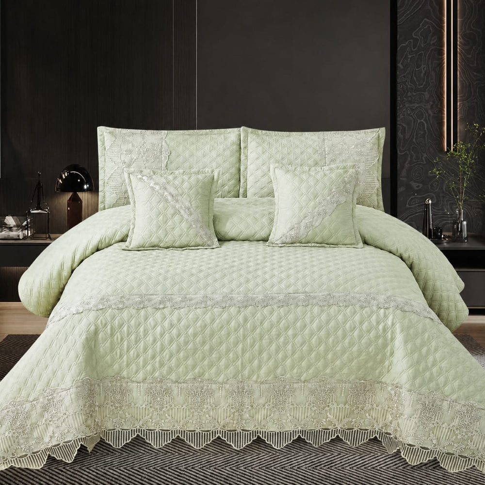 Pista Green Designer Lace 5 Piece Bed Cover Set with Cushion Covers