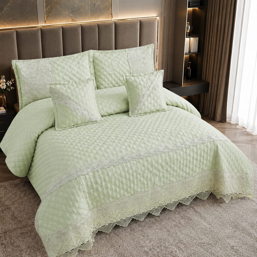 Pista Green Designer Lace 5 Piece Bed Cover Set with Cushion Covers