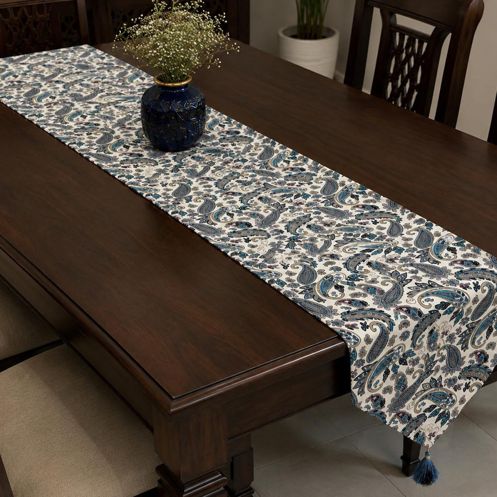Ivory Blue Paisley Elegance Premium Table Runner – 16 × 72 Inches