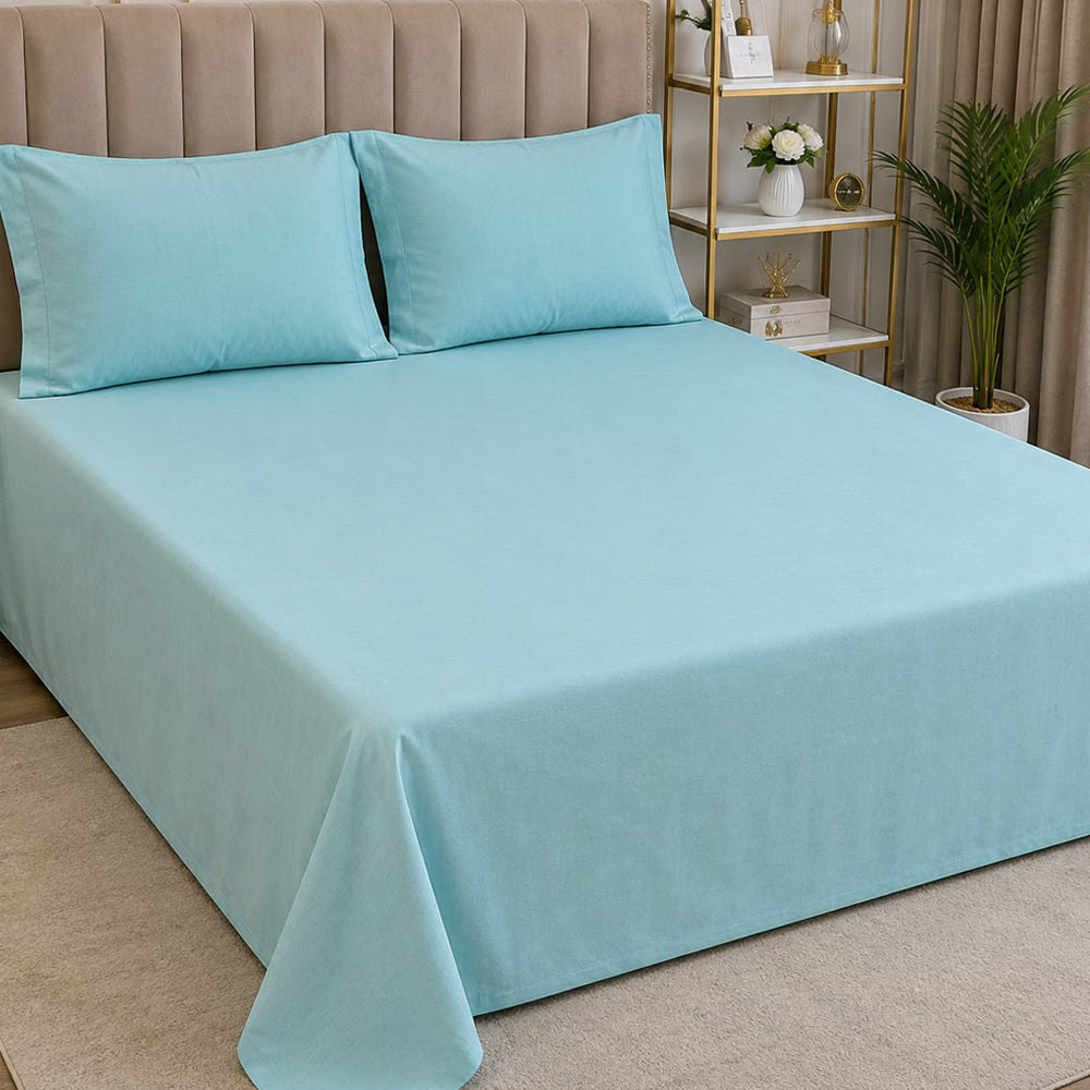 Light Blue Solid 300 TC 100% Cotton King Size Bed Sheet Set