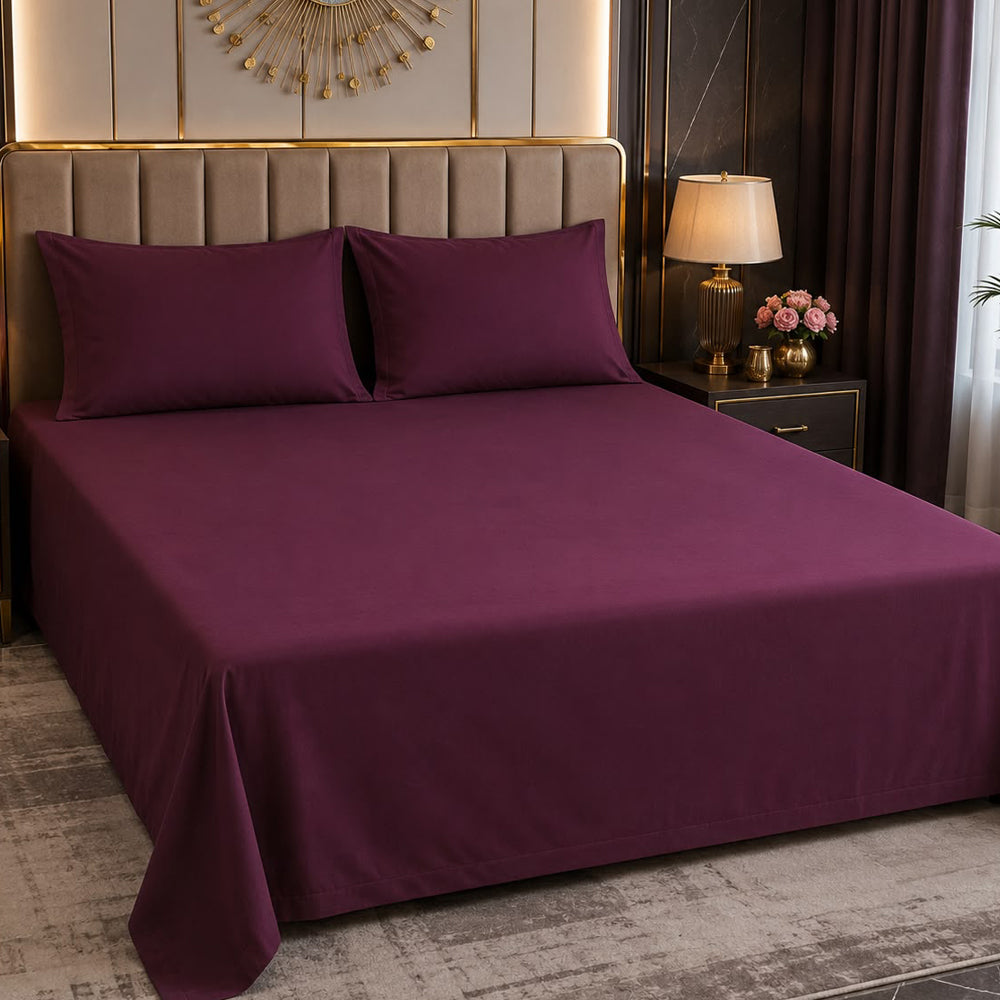 Purple Plain Solid 300 TC 100% Cotton King Size Bed Sheet Set