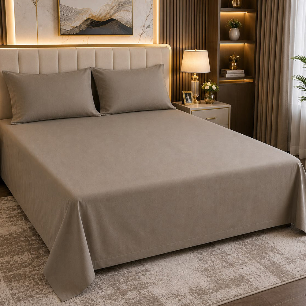 Earthy Taupe Plain Solid 300 TC 100% Cotton King Size Bed Sheet Set