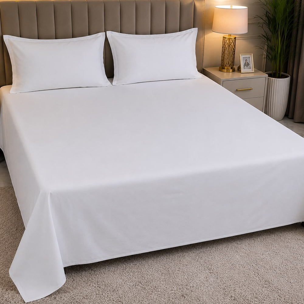White Plain Solid 300 TC 100% Cotton King Size Bed Sheet Set