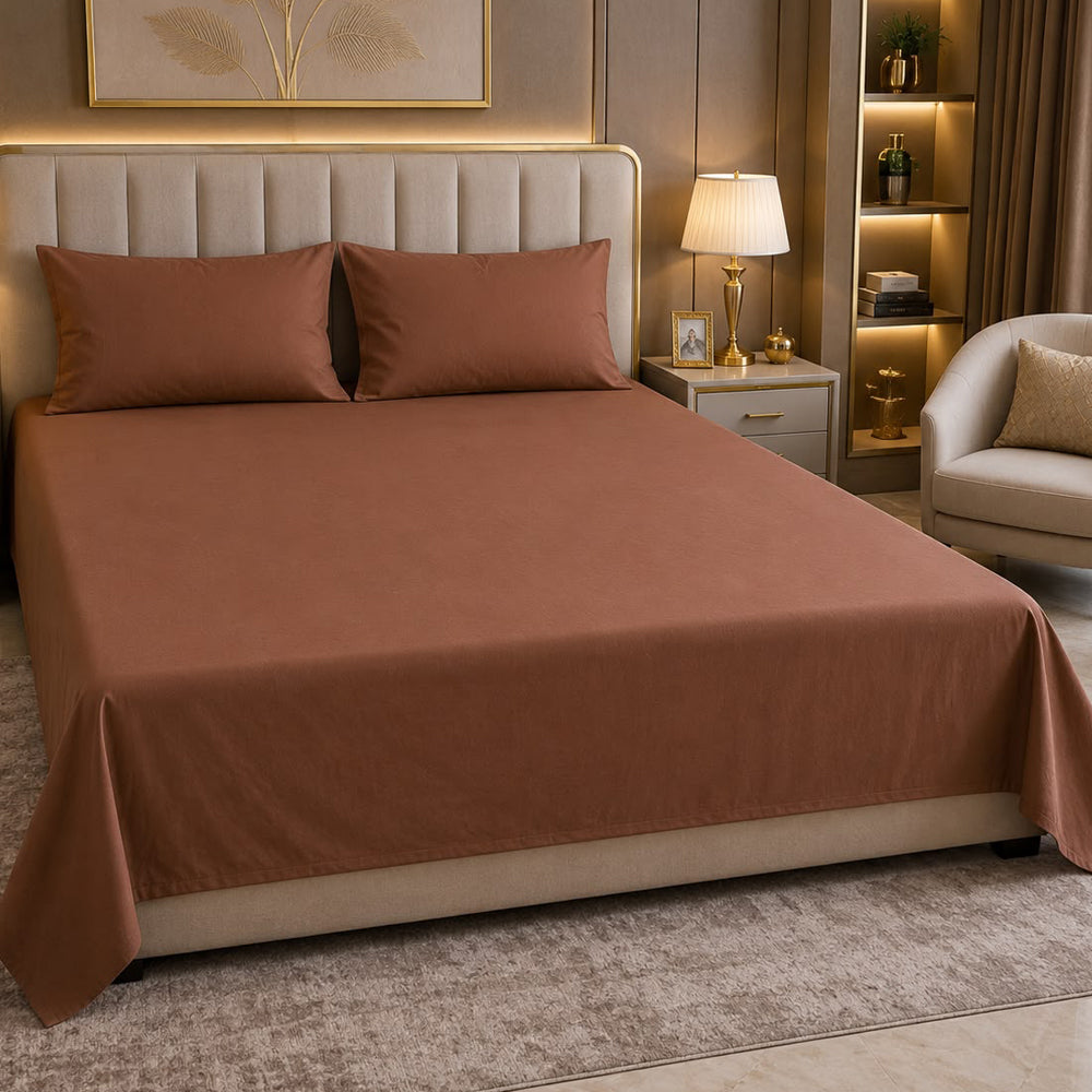Coffee Plain Solid 300 TC 100% Cotton King Size Bed Sheet Set