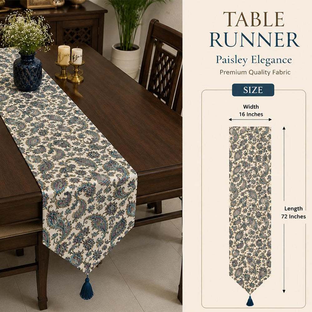Ivory Blue Paisley Elegance Premium Table Runner – 16 × 72 Inches