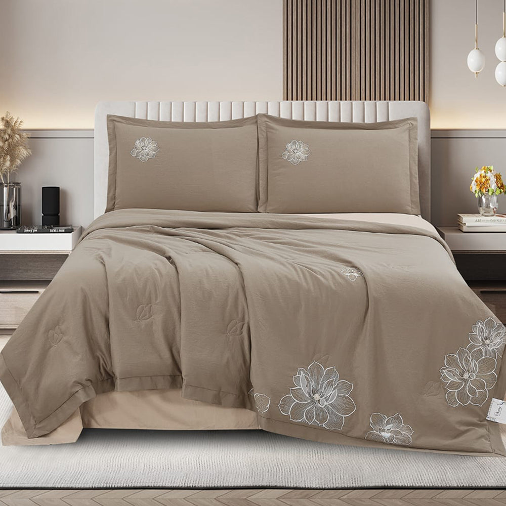Royal Blossom Embroidered Comforter Set – Taupe | 4 Pieces